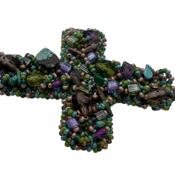 Vintage Handcrafted Beaded Embellished Cross Handmade Beads Ornamental Cross - Picture 4 of 10